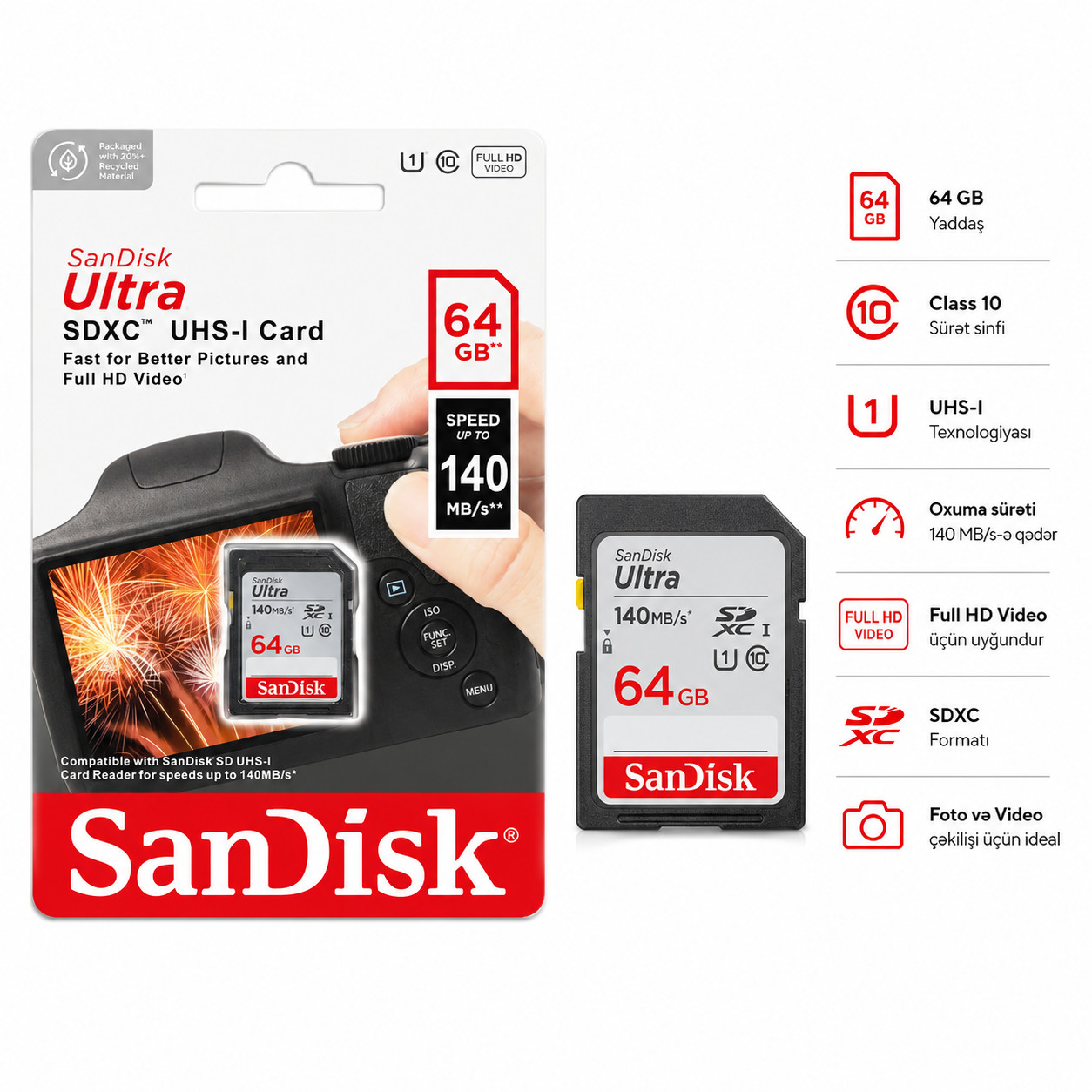 Yaddaş kartı SanDisk SD 64 GB 140/40 MB/san.