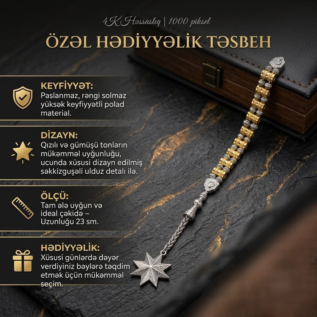 Təsbeh, qızılı/gümüşü, polad, 23 sm