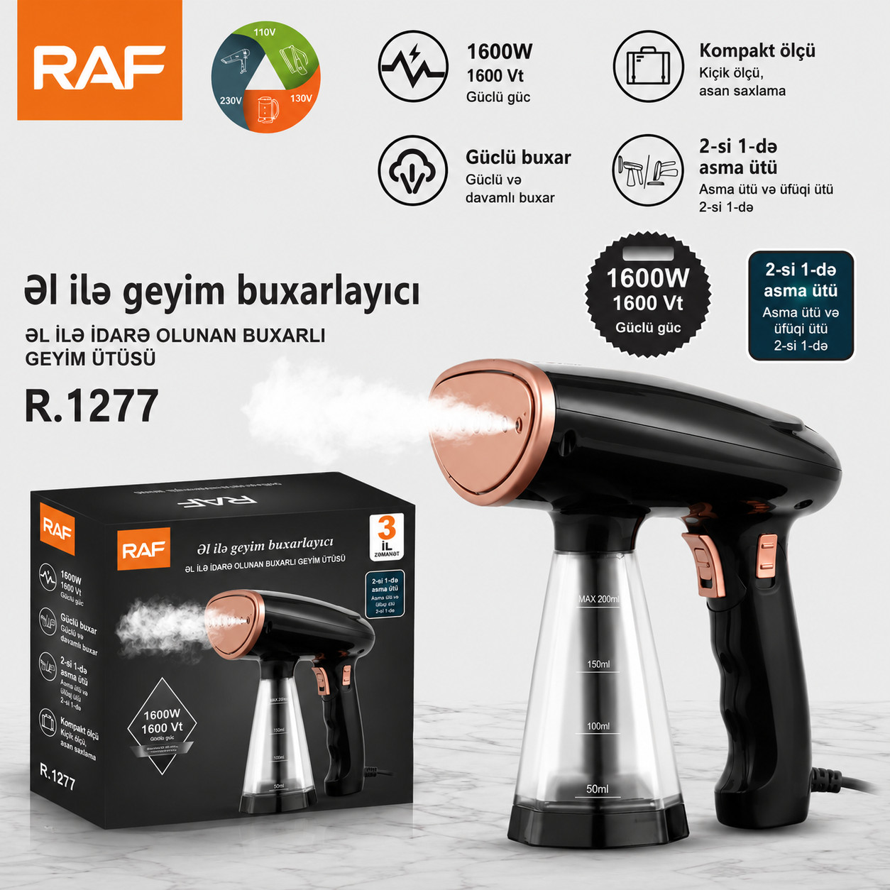 Geyim buxarlayıcısı RAF TRNDMRKT87539825TTM,SUN 1600 W qara.