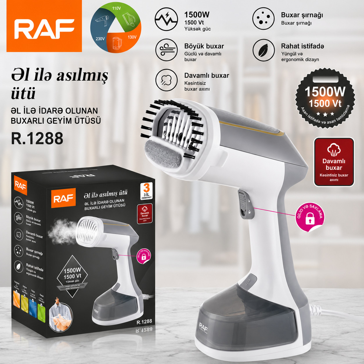 Geyim buxarlayıcısı RAF TRNDMRKT687532TTM,SUN,1V 1500 W ağ.
