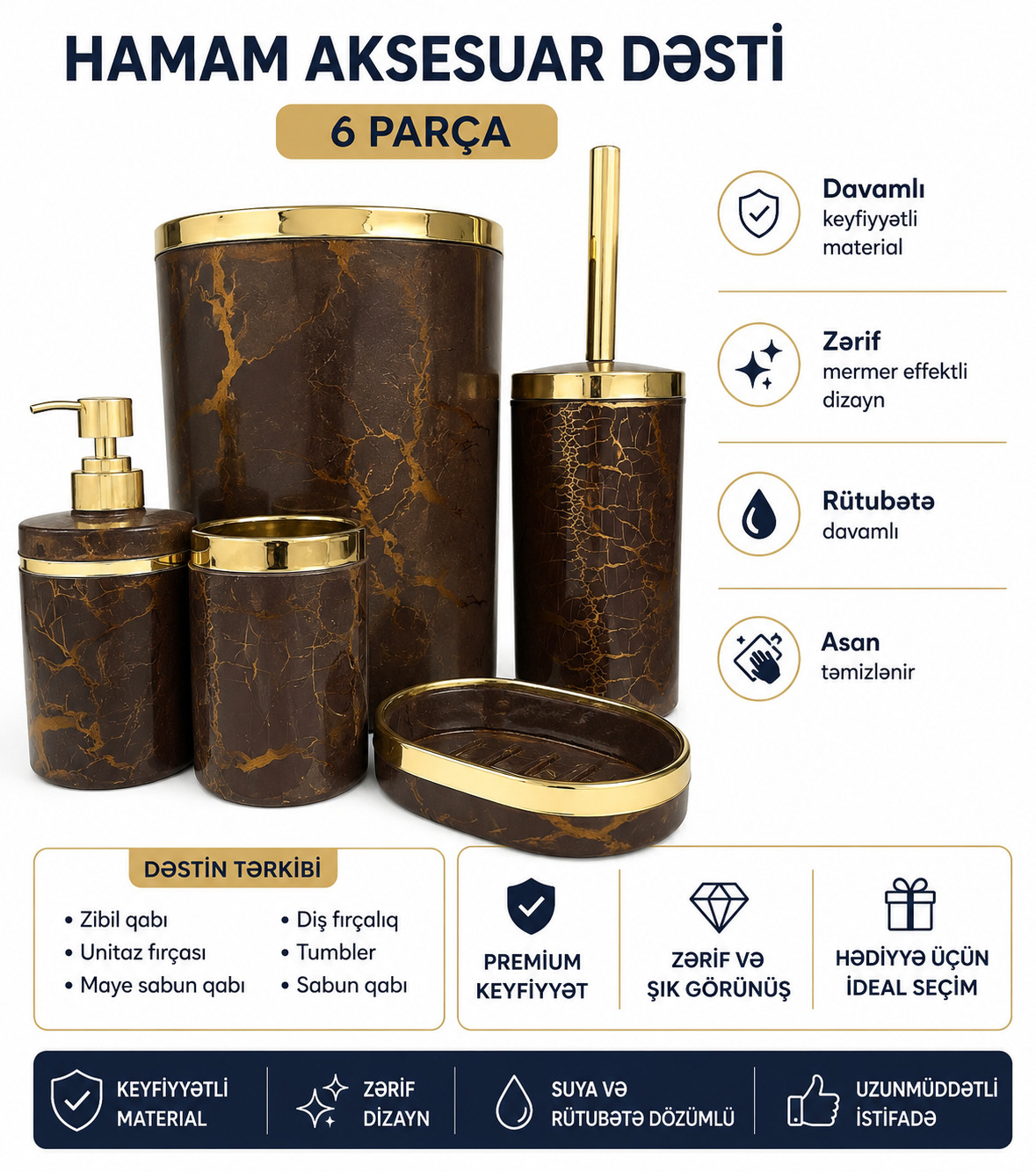 Hamam üçün aksesuarlar dəsti, 6 parça, metal, qəhvəyi/qızılı