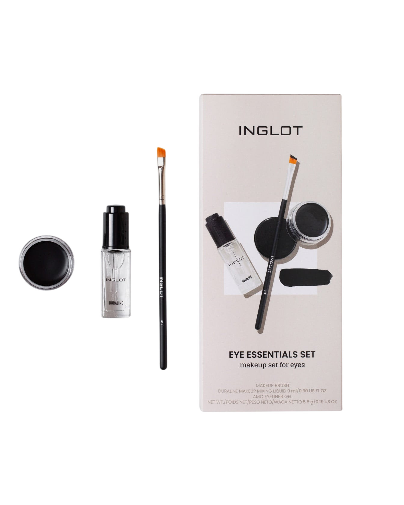 Dekorativ kosmetika dəsti Inglot Eye Essentials Set (göz layneri 5.5 q + fırça + göz kölgələrini seyrəldən vasitə 9 ml)