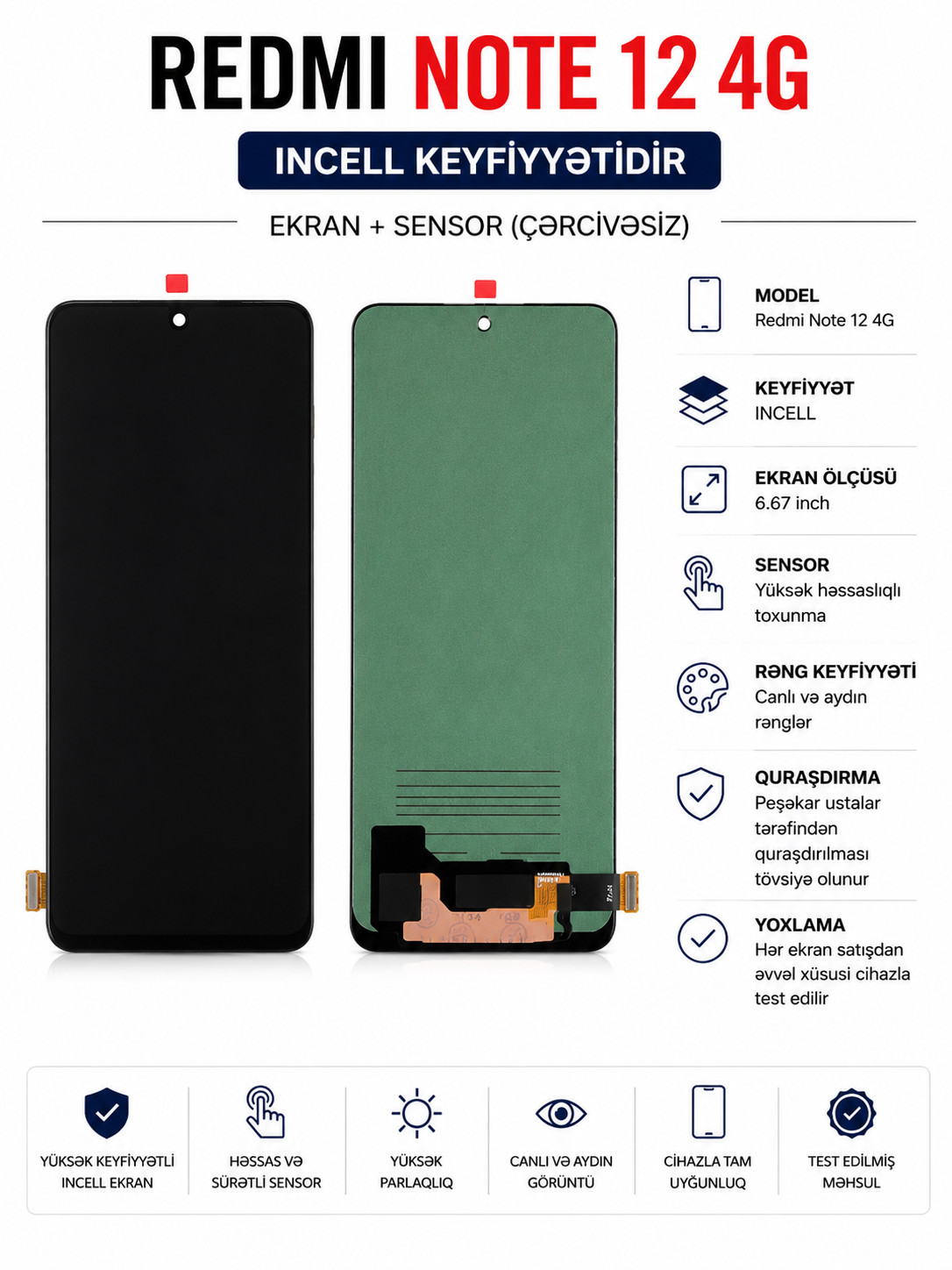 Ekran smartfon Xiaomi Redmi Note 12 4G üçün, Şüşə, Qara