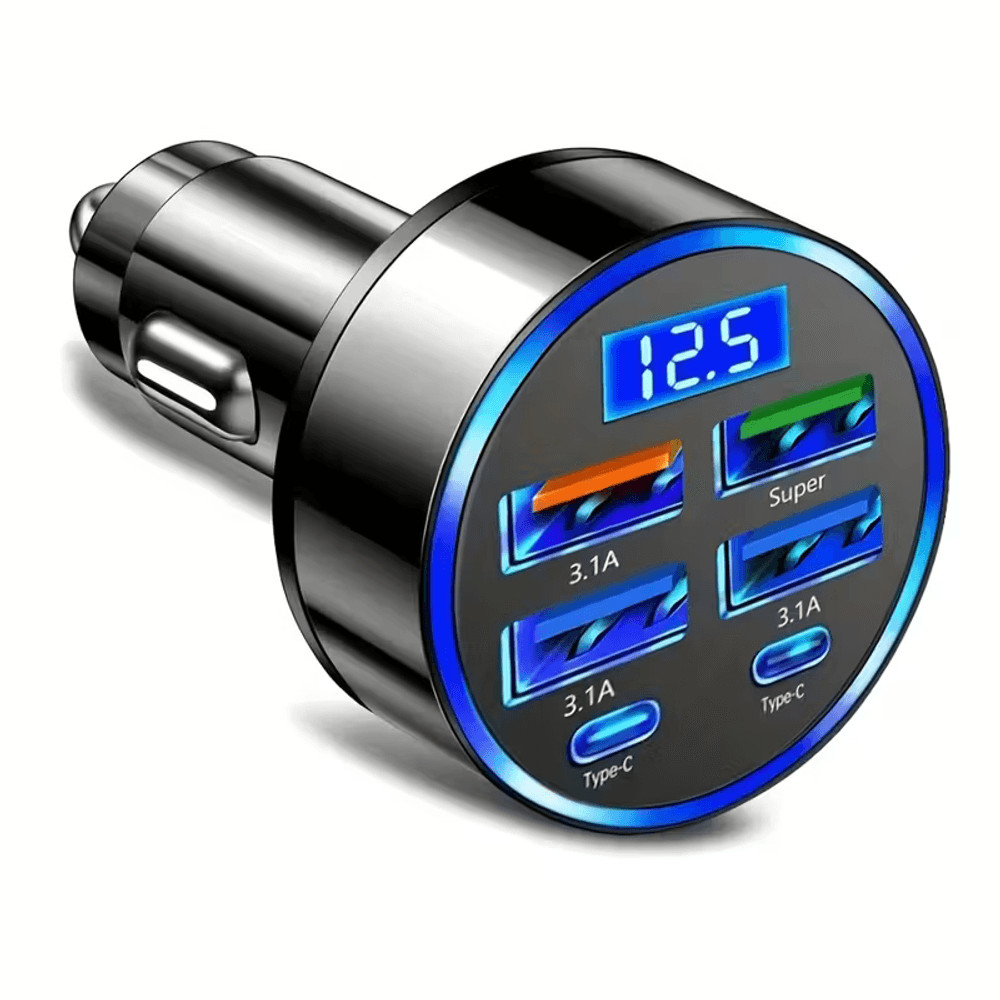Avtomobil enerji toplama cihazı, 6-də-1, Rəqəmsal Ekranlı Ultra Sürətli Avtomobil Şarj Cihazı, 6-portlu 2 Type-C 4 USB 36W Sürətli Şarj, 4 USB port, Type-C, Avtomobil alışqanı
