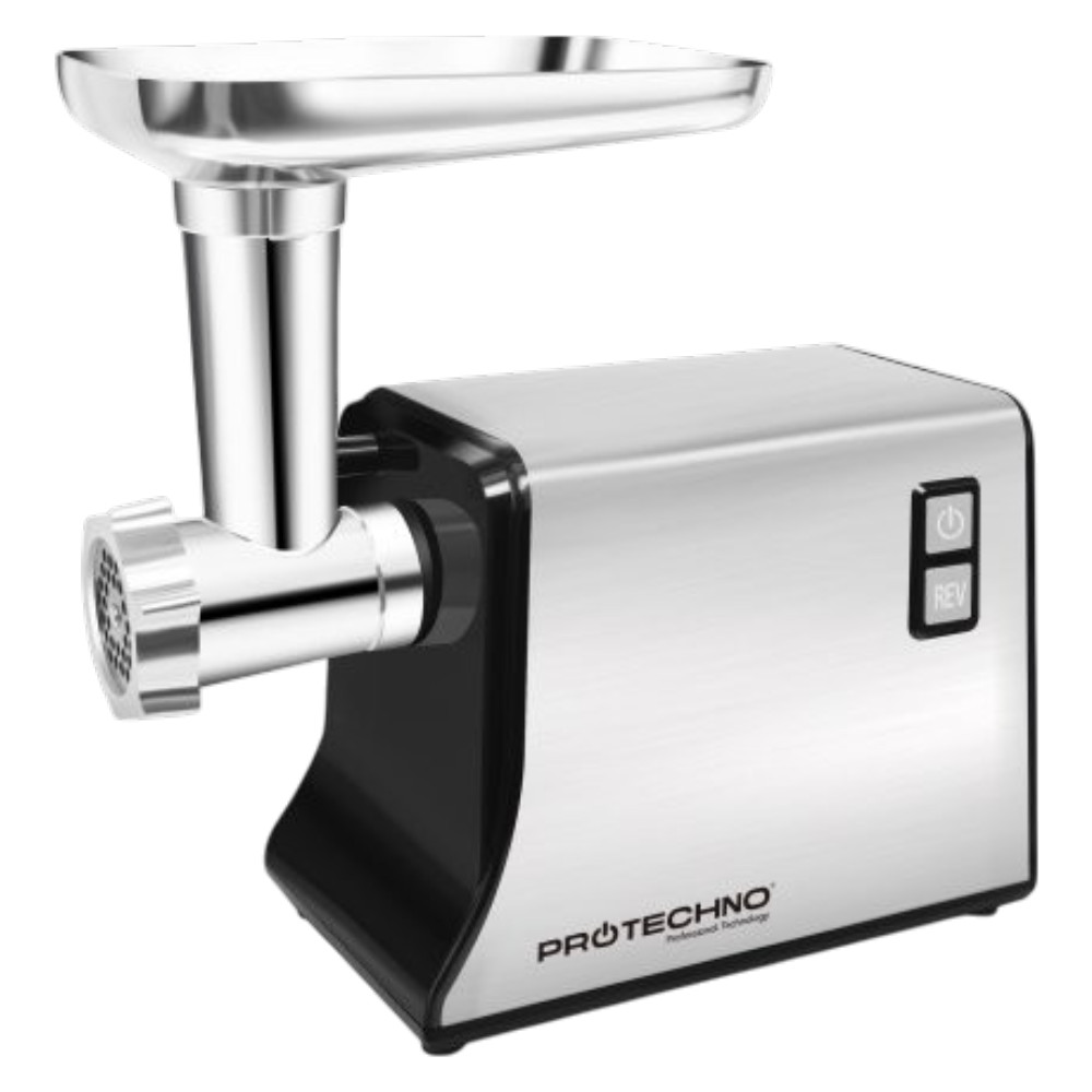 Ətçəkən maşın ProTechno, 1700 Vt, 2 kq/dəq, Sosislər üçün/Ev kolbasası üçün/Qiymə üçün disk/«Kebbe» üçün/Doğrama üçün, Gümüşü/Qara