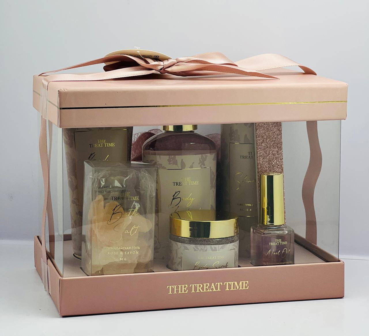 Kosmetik hədiyyə dəsti No brand The Treat Time (bədən üçün skrab + vanna üçün duz + dırnaq yağı + bədən üçün krem + duş geli + şampun + dırnaq bıçqısı)