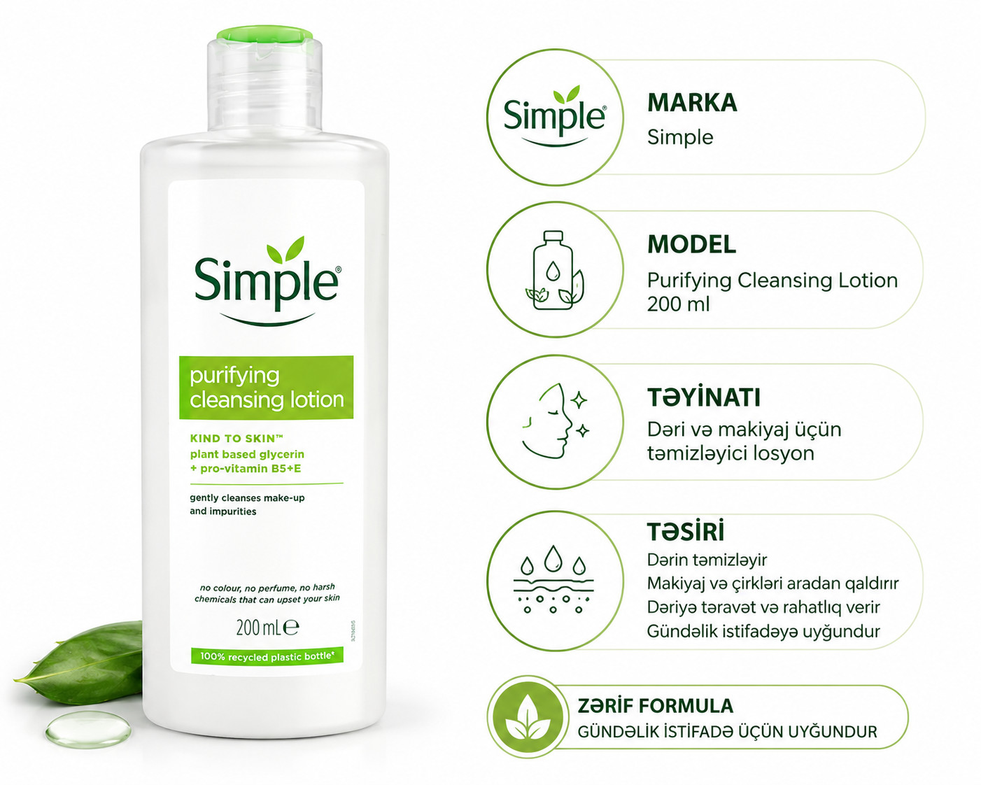 Üz üçün losyon Simple Purifying Cleansing, 200 ml