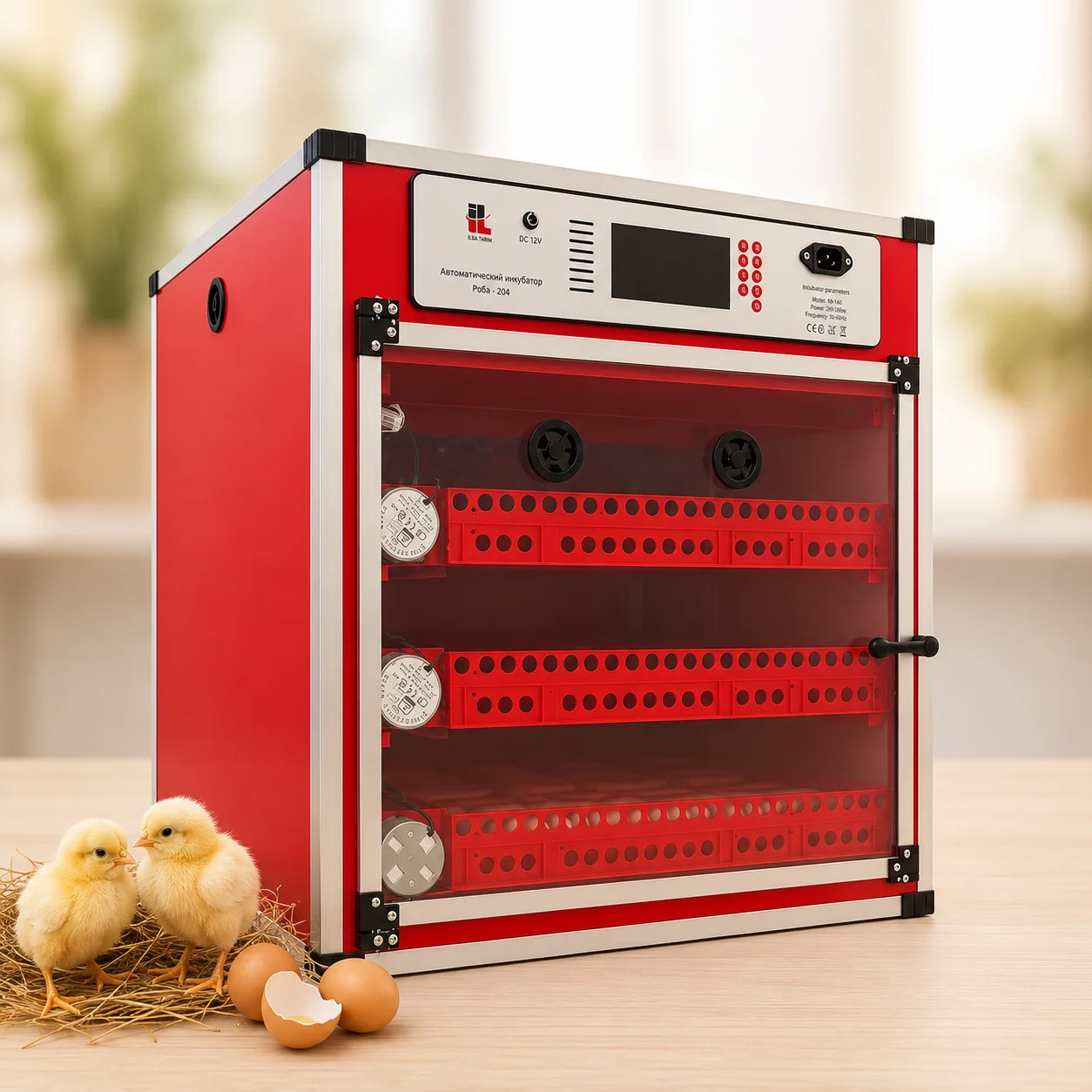 Avtomatik inkubator Ряба, 204 yumurtalıq, 57x57x61.5 sm, qırmızı