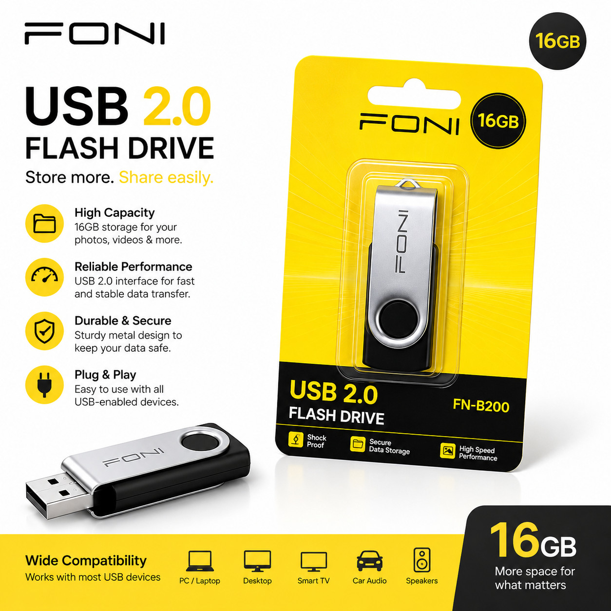 USB fləş kart Foni FN-B200, 16 GB, USB 2.0, 10 Mb/san, Gümüşü