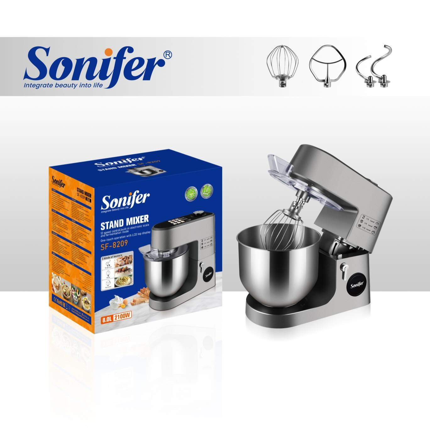 Mikser Sonifer SF-8209 (38), stasionar, 2100 Vt, 6 sürət, gümüşü