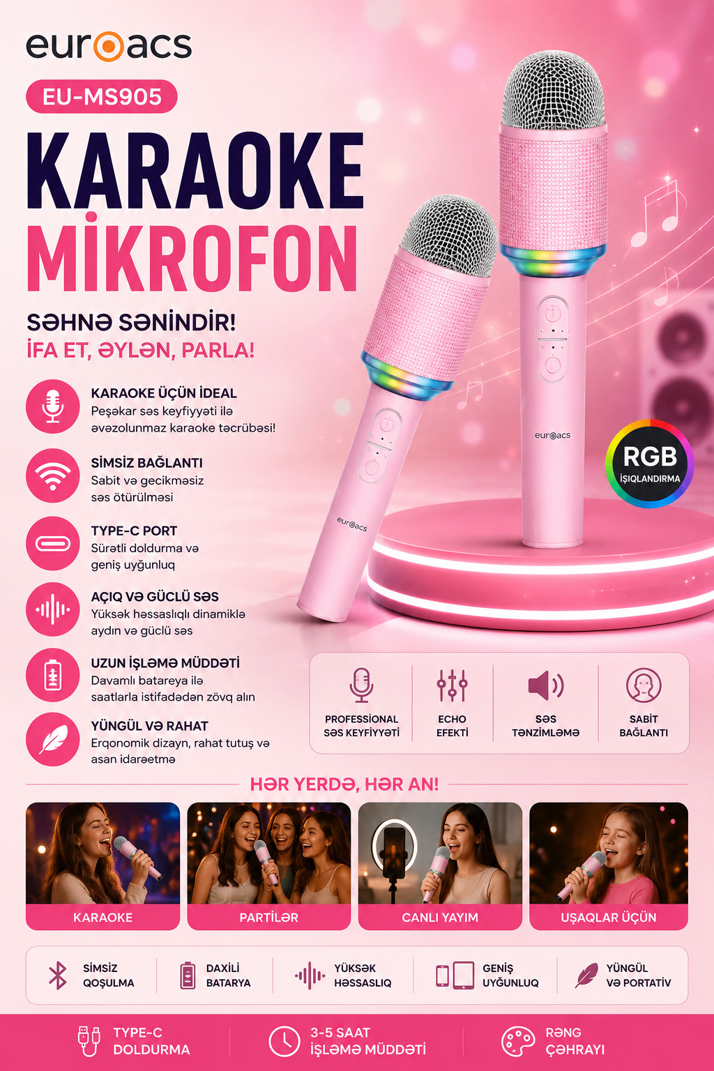 Mikrofon Euroacs EU-MS905, karaoke üçün, simsiz, Type-C