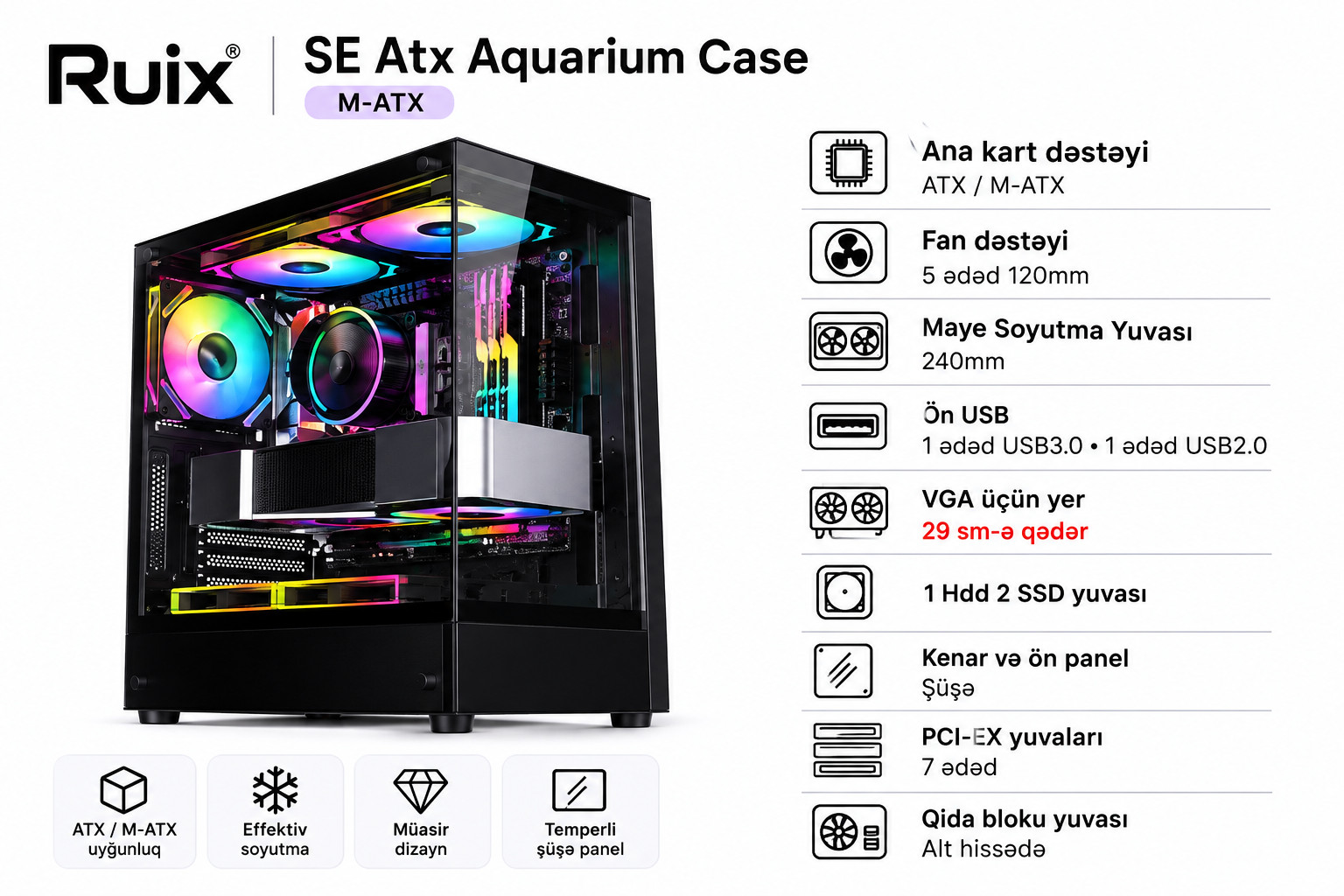 Kompüter korpusu Ruix, Mid Tower, ATX/Micro-ATX/Mini-ITX