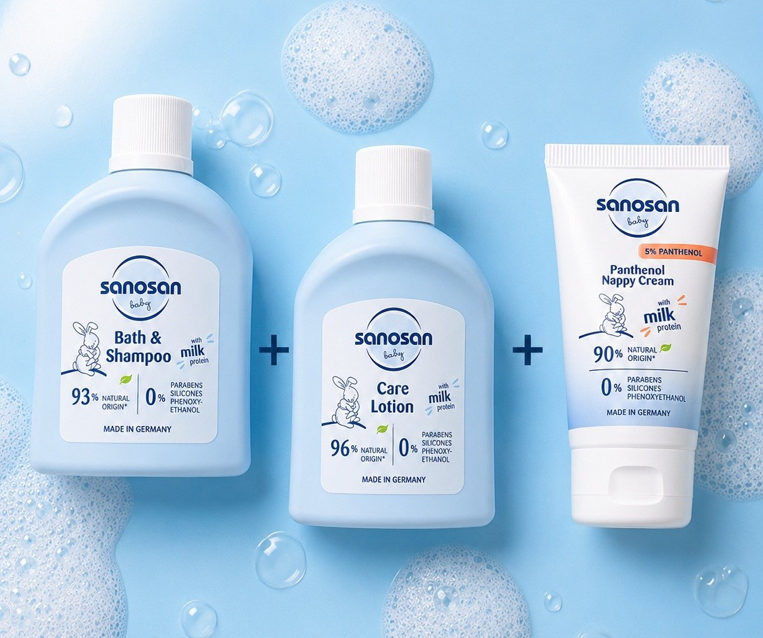 Uşaq üçün qulluq dəsti Sanosan Baby (şampun 50 ml + losyon 50 ml + qoruyucu krem 20 ml)
