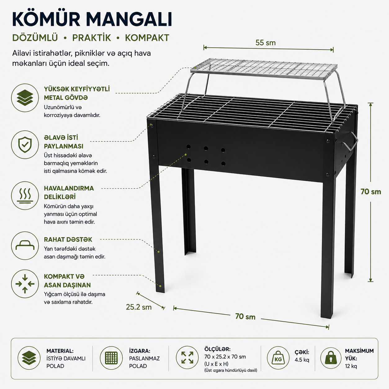 Manqal, paslanmayan polad, qara, 70x25.2x70 sm
