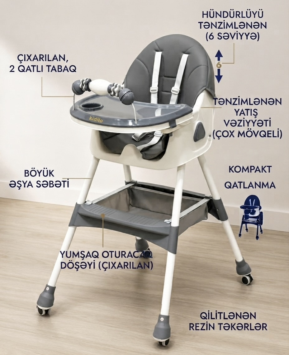 Uşaq yedizdirmə oturacağı Kidilo, E560, Plastik, Metal, 6-36 ay, Boz