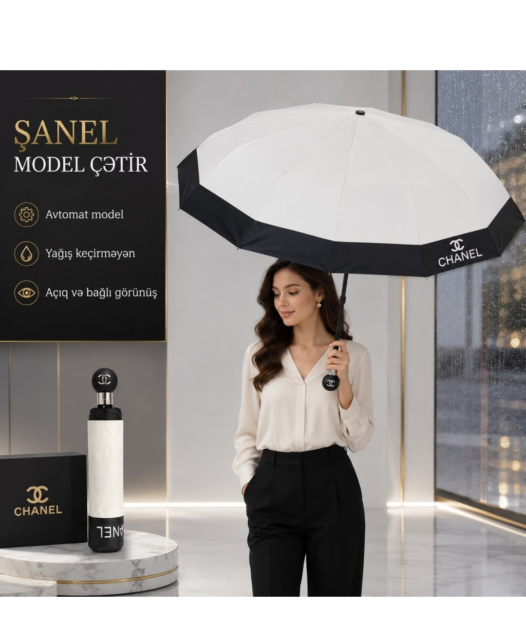 Çətir əsalı 5683, avtomatik, poliester, ağ