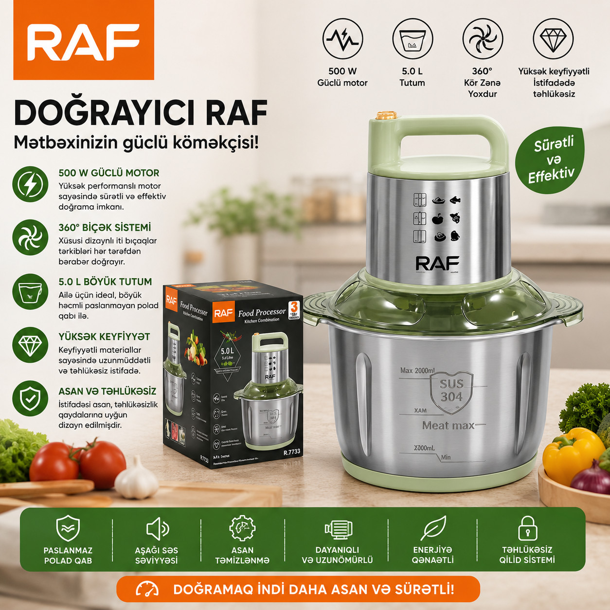 Doğrayıcı RAF R.7733, 500 Vt, 5 L, yaşıl/gümüşü