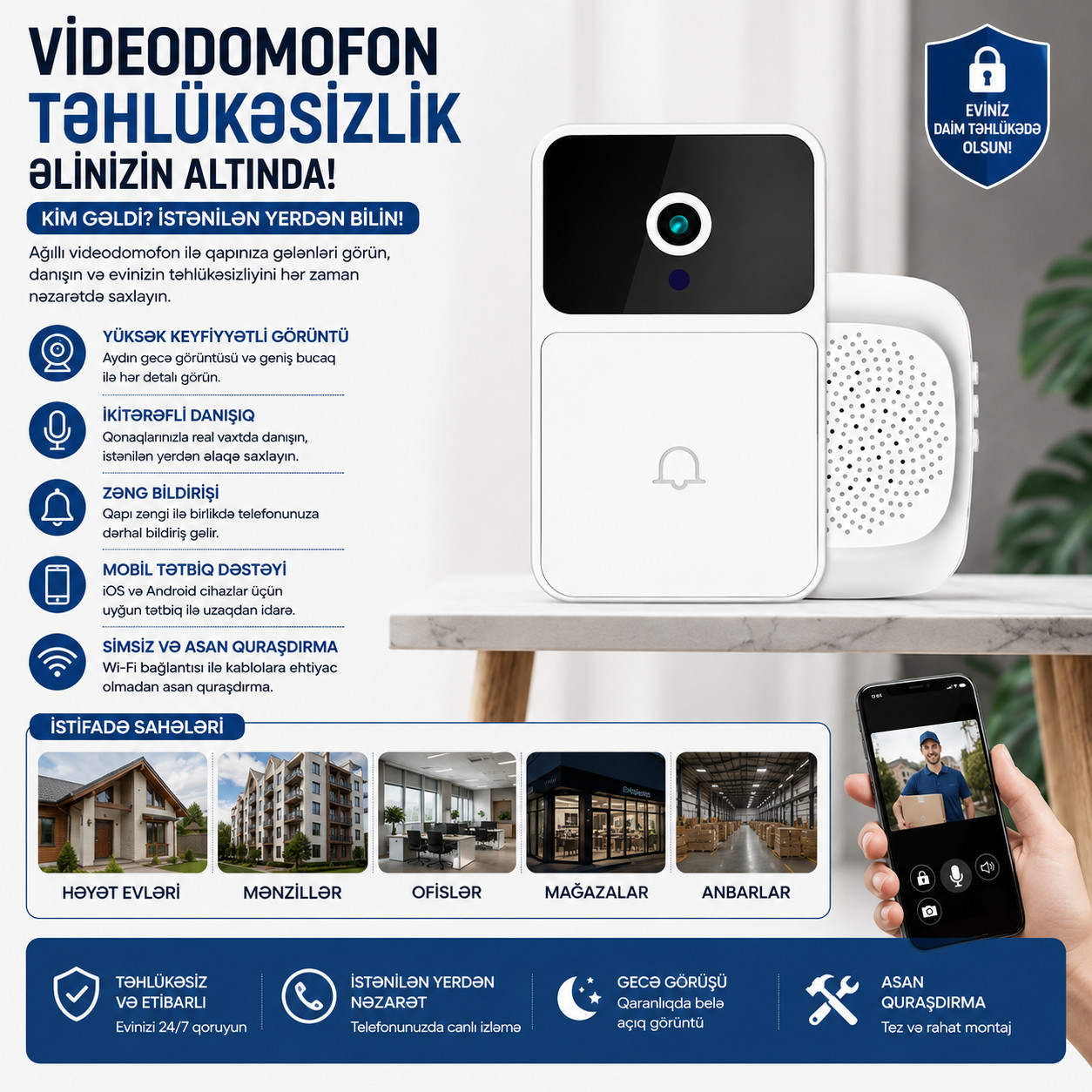 Video domofon 10 W ağ-qara