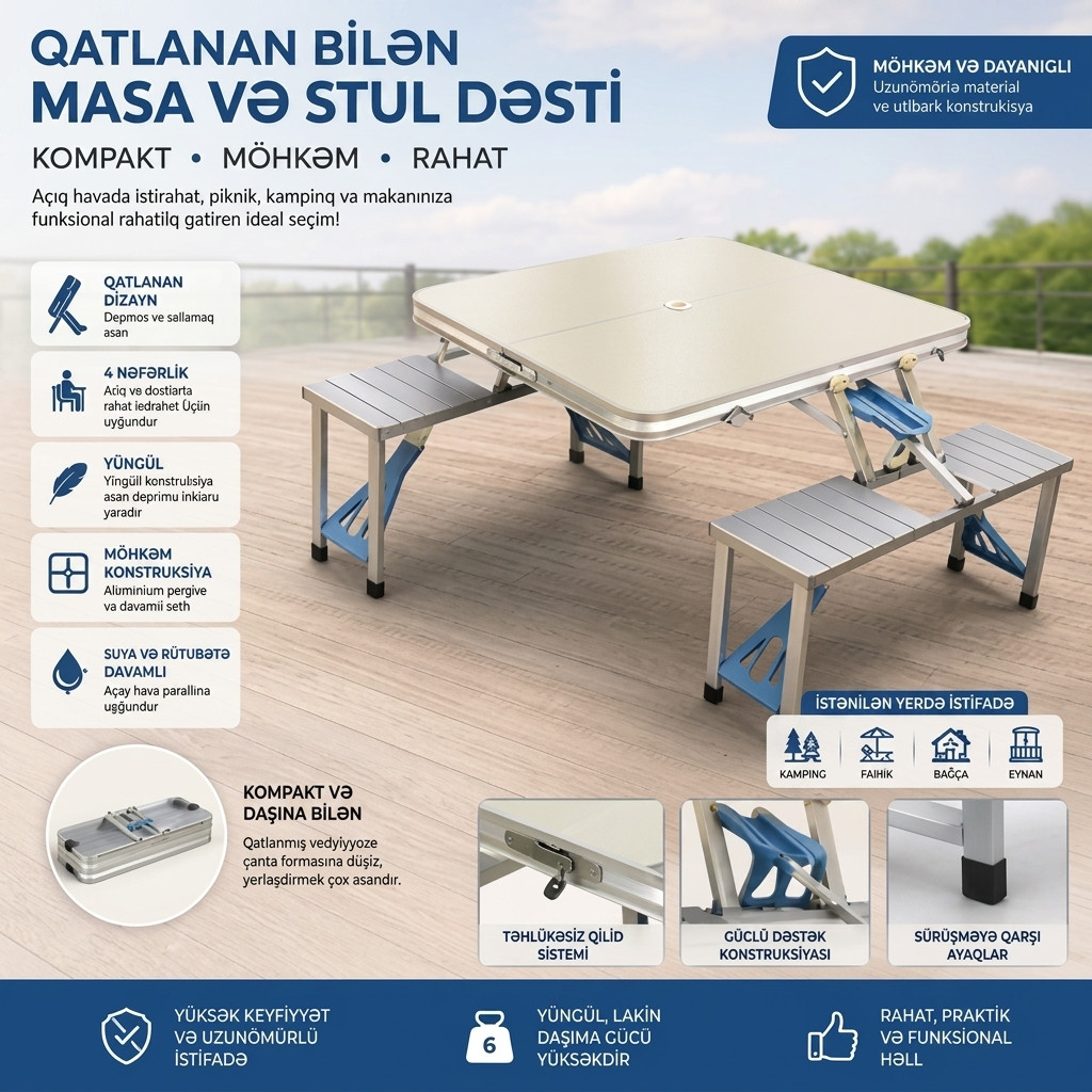 Turist, qatlanan və şişmə mebel, Kempinq üçün/Balıq ovu üçün/Çimərlik üçün, Alüminium, 300 kq, Yəğılan mebel dəsti