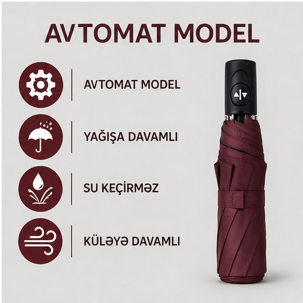 Qatlanan avtomatik çətir, poliester, tünd qırmızı