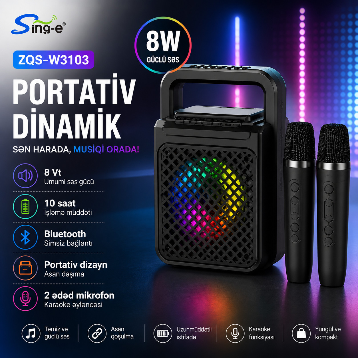Portativ dinamik Sing-E ZQS-W3103, 8 Vt, 10 saat, qara