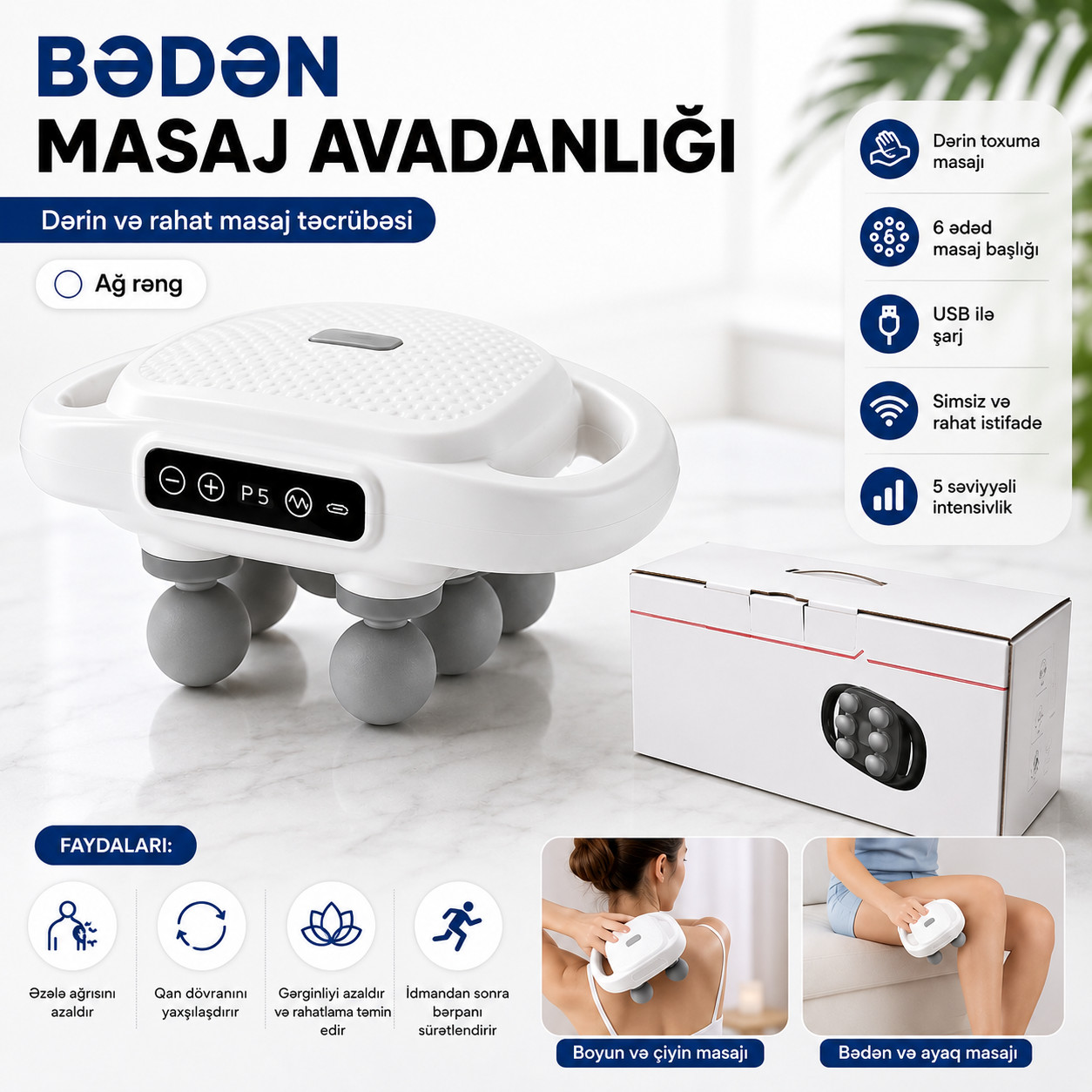 Bədən üçün masajor, ağ, plastik/rezin