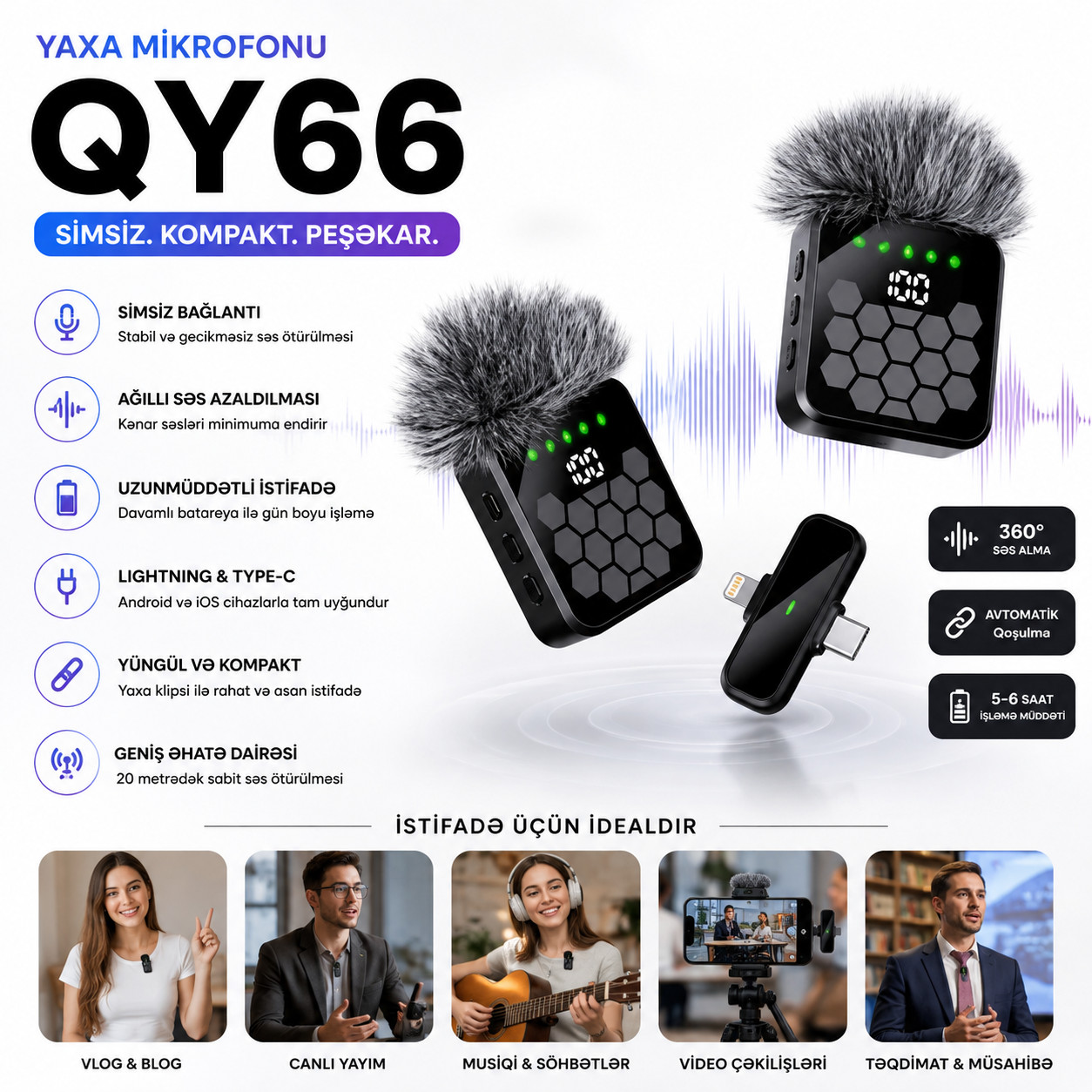 Mikrofon No brand, QY66, Simsiz (Bluetooth), Qara