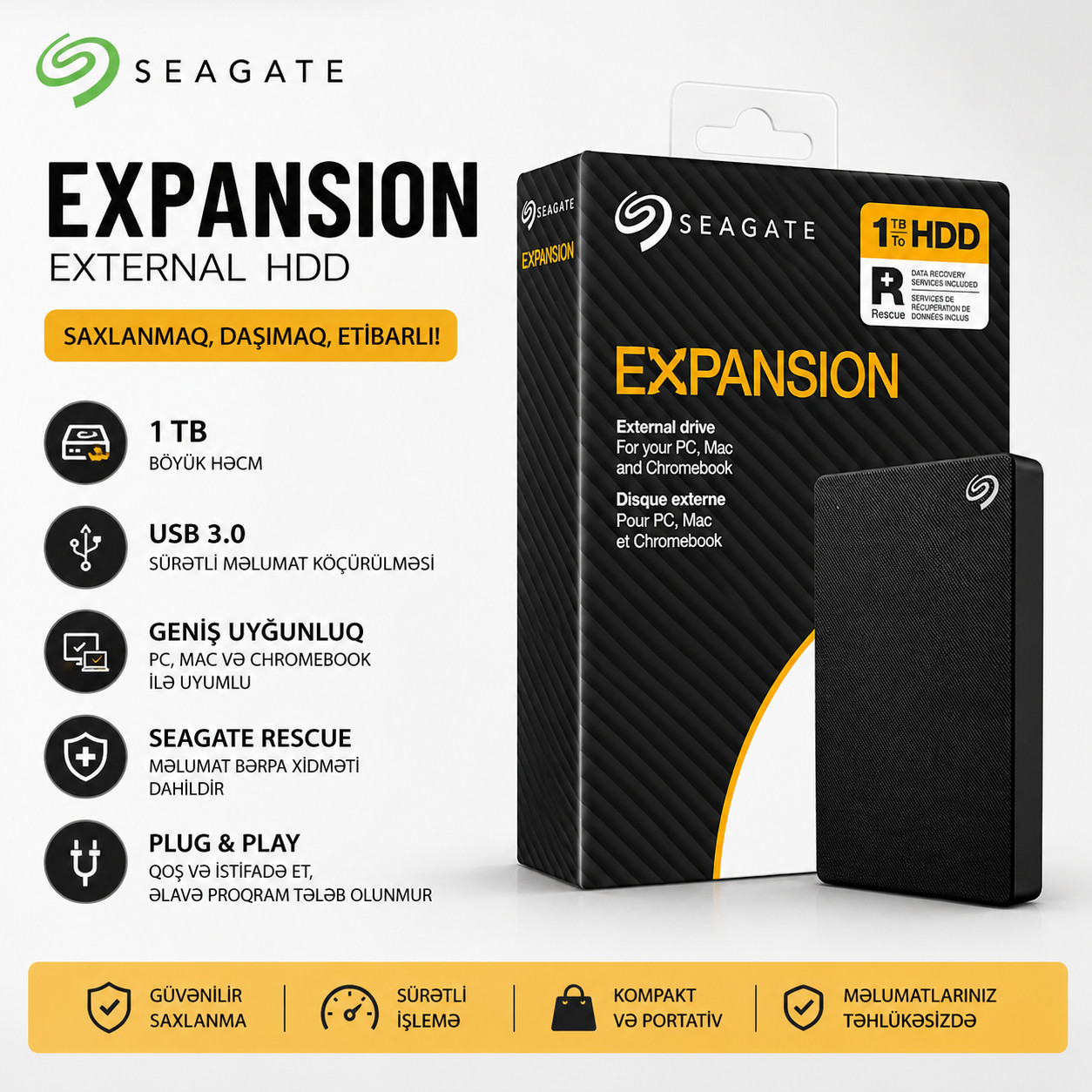 Xarici sərt disk Seagate, Expansion Portable Black 1 TB, HDD, 2.5, 100 Mb/s, 1024 GB