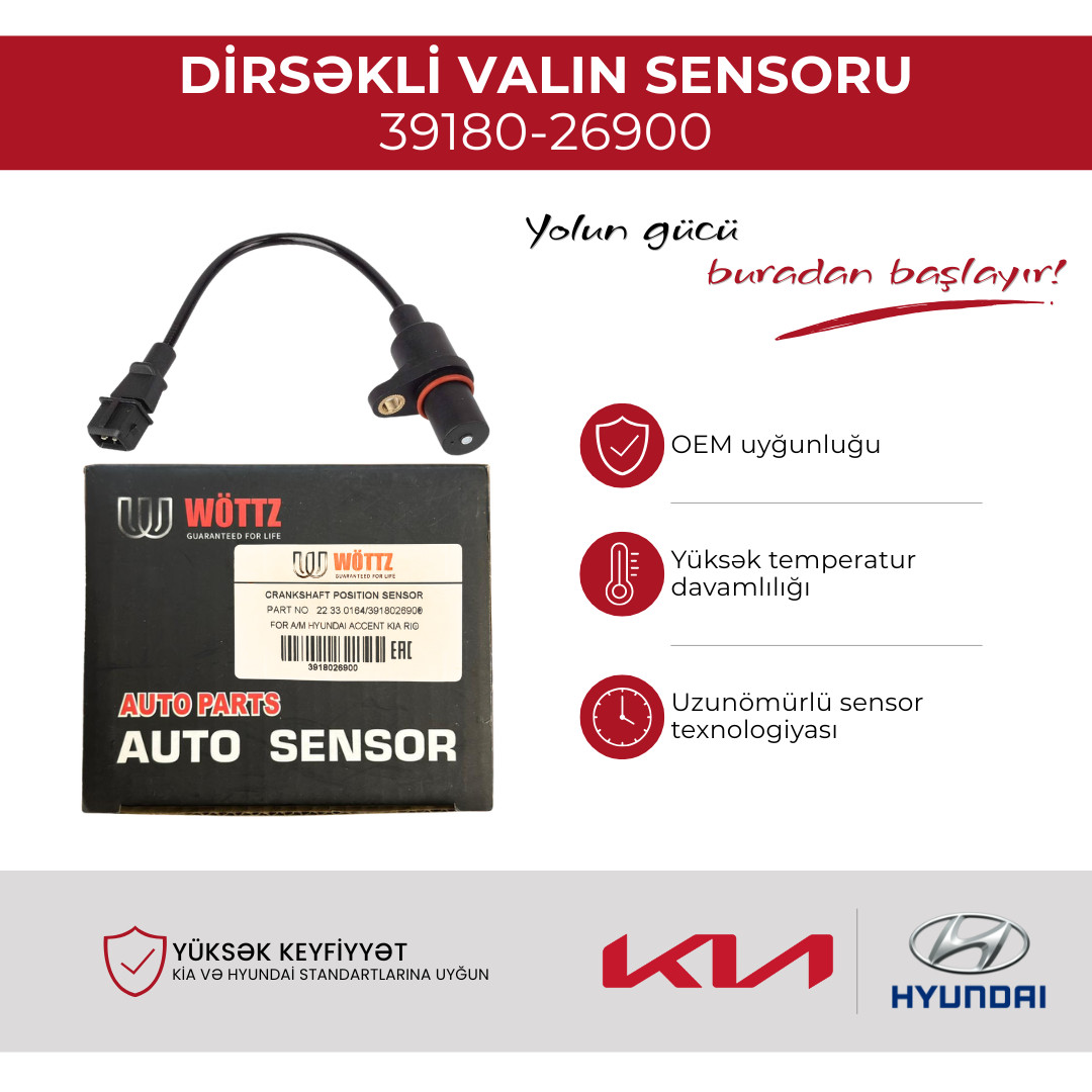 Dirsəkli valın vəziyyət sensoru Wöttz Kia Cerato 1.6 2004–2009/Kia Rio 1.4/1.6 2005–2011/Hyundai Accent benzin 1999–2010/Hyundai Getz benzin 2002–2010/Hyundai Matrix 1.6 2001–2010 üçün