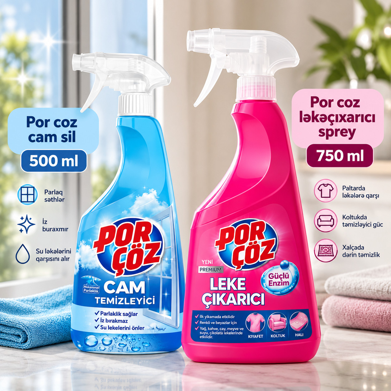Şüşə üçün vasitə Porçöz 500 ml + Ləkə çıxarıcı sprey Porçöz 500 ml