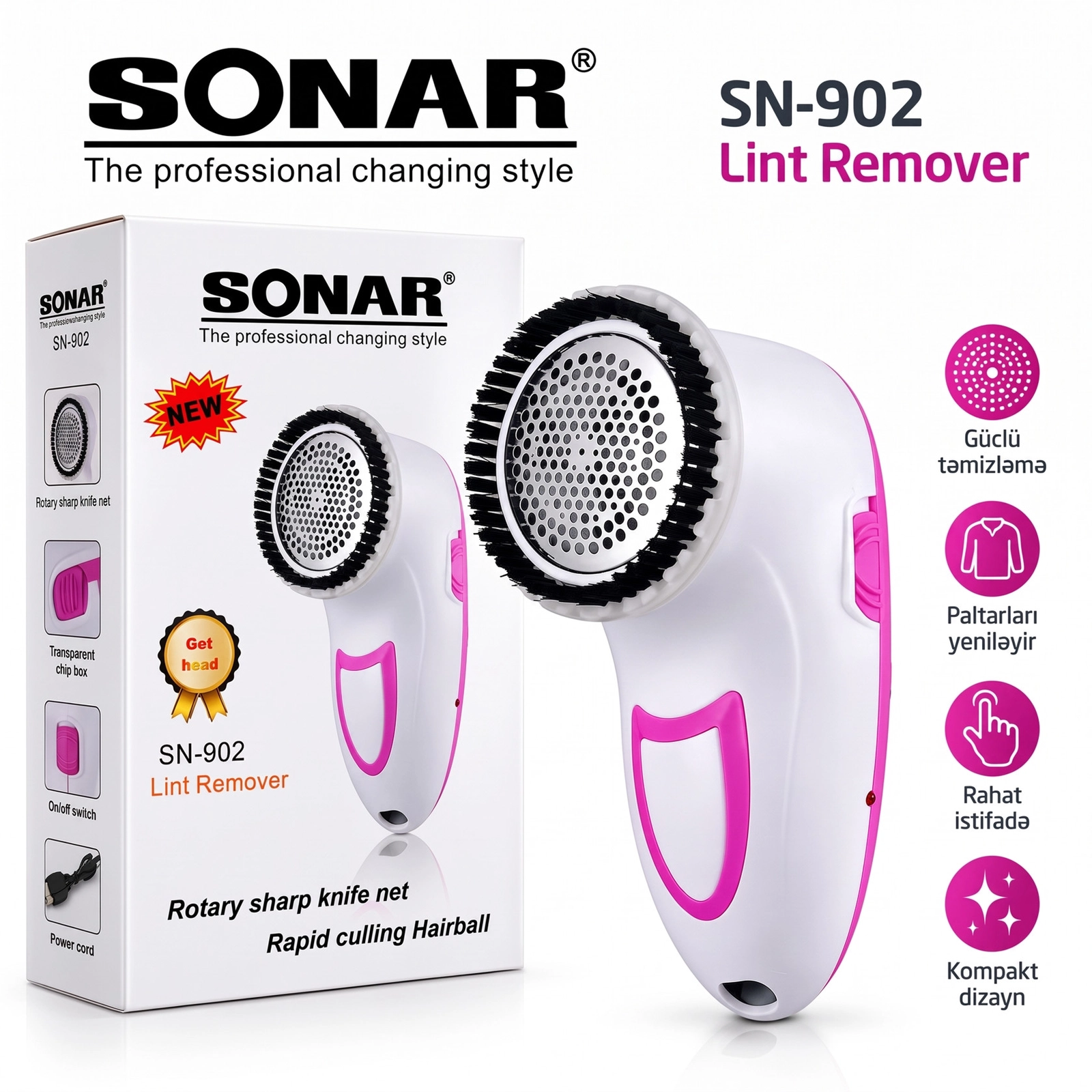 Tiftik təmizləyən maşın Sonar SN-902, Şəbəkə 220V, Ağ, Çəhrayı, Tiftik üçün konteyner