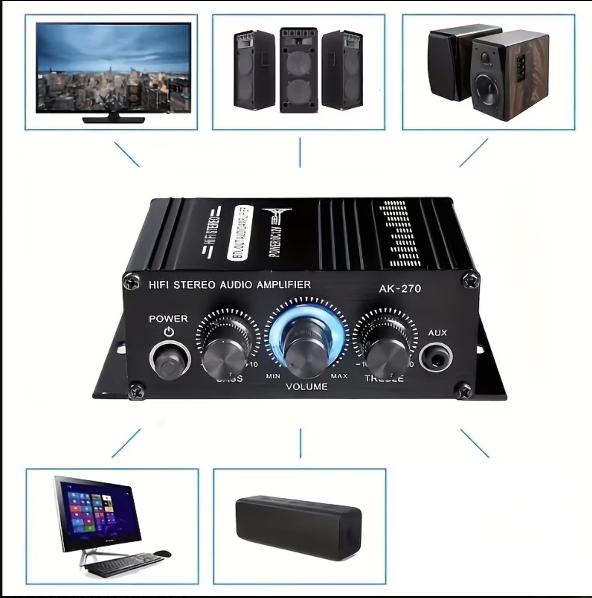 Hi-Fi stereo səs gücləndiricisi AK-270, 400 Vt, bass və treble tənzimləməli