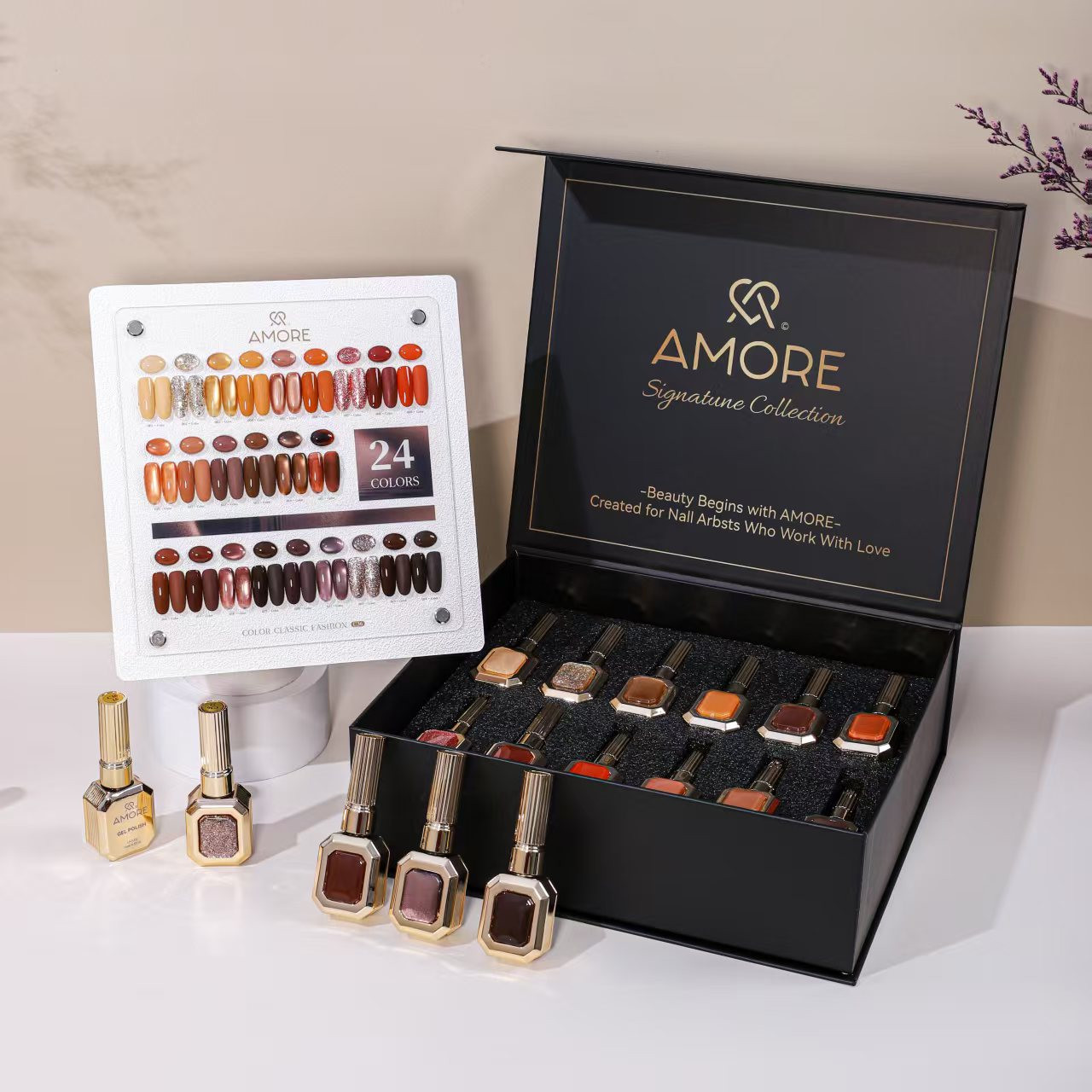 Gel lak dəsti Amore Signature Collection, qəhvəyi çalarlar, 12 ml x 24 rəng