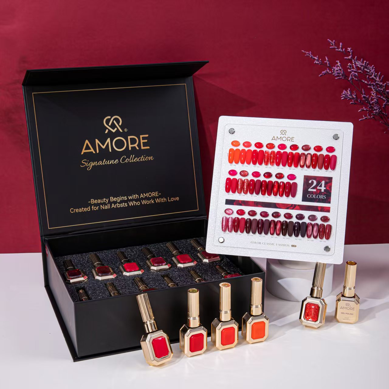 Gel lak dəsti Amore Signature Collection, qırmızı çalarlar, 12 ml x 24 rəng
