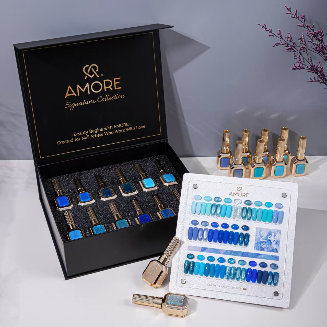 Gel lak dəsti Amore Signature Collection, göy çalarlar, 12 ml x 24 rəng