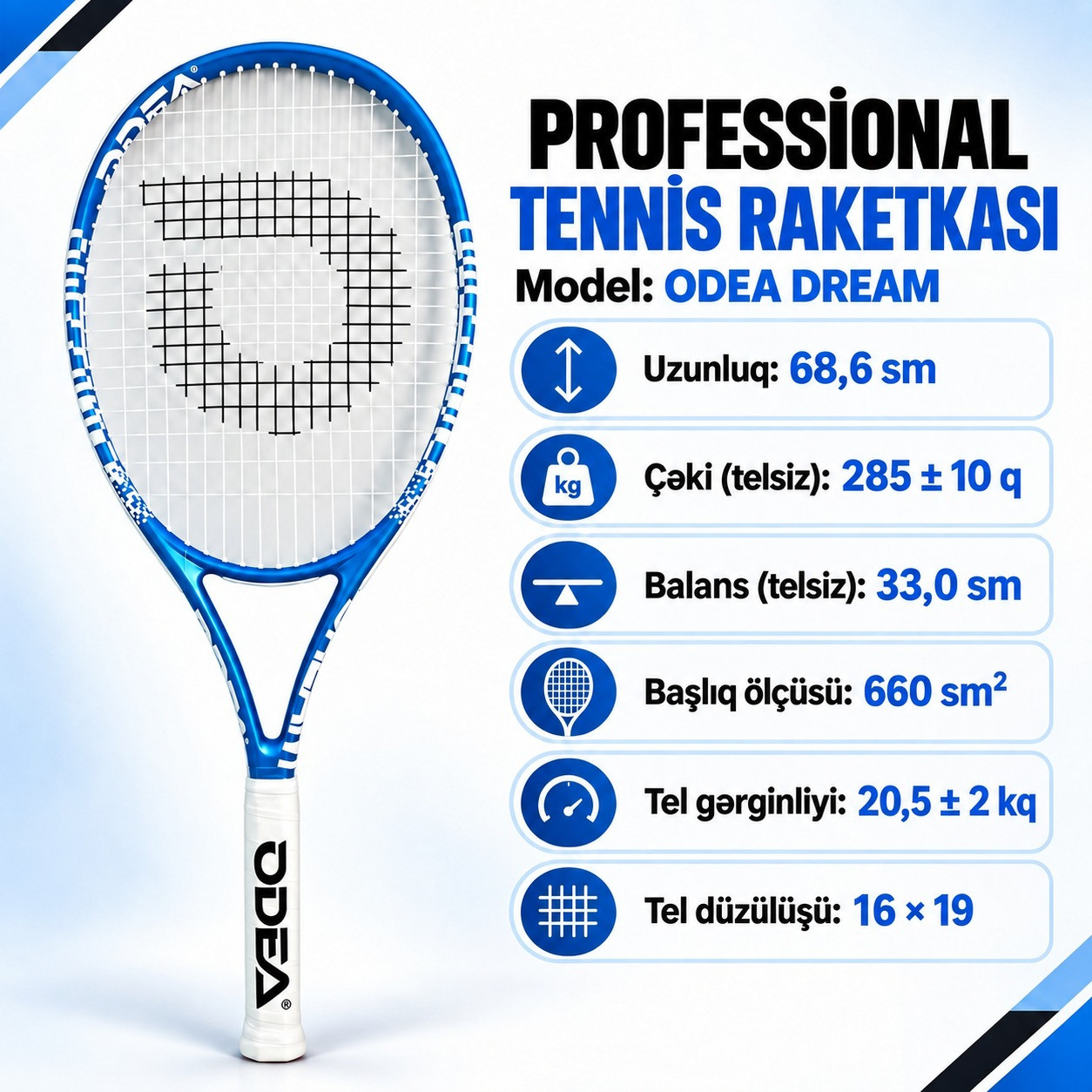 Tennis raketkası ODEA, Mavi, Böyüklər üçün, G2