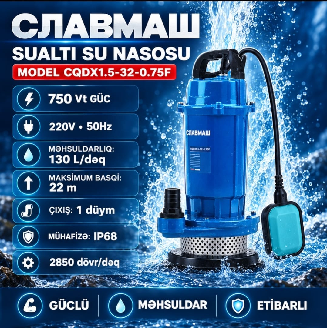 Dalğıc drenaj nasosu Славмаш CQDX1.5-32-0.75F, Mərkəzdənqaçma, 750 Vt