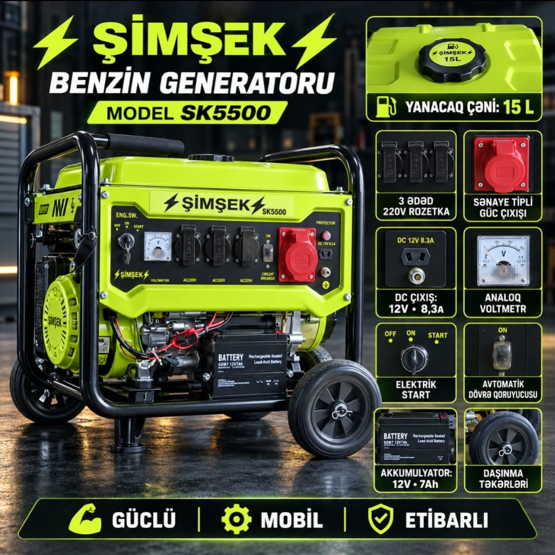 Benzin generatoru Şimşek, SK5500, Benzin, 5,5 kVt, 220 V