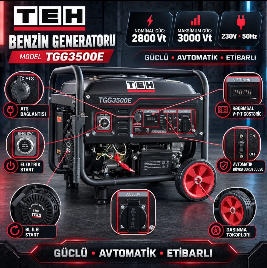 Benzin generatoru TEH TGG3500E, Benzin, 2,8 kVt, 230 V