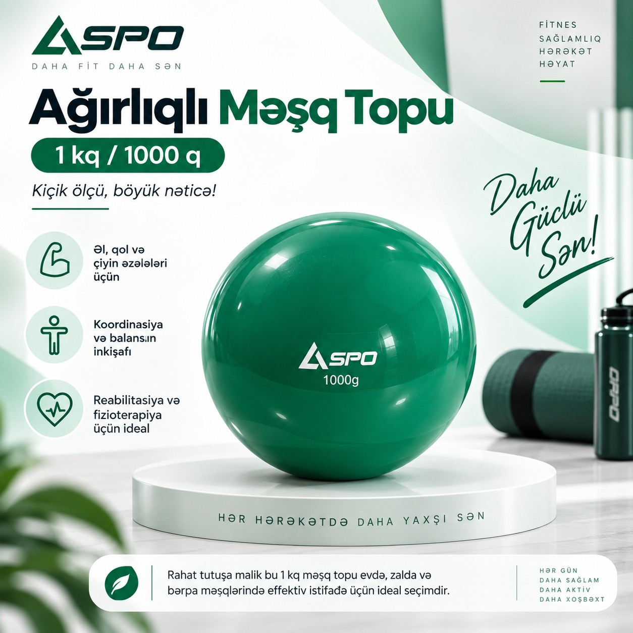 Fitnes topu Aspo, 10 sm, yaşıl, 1 kq