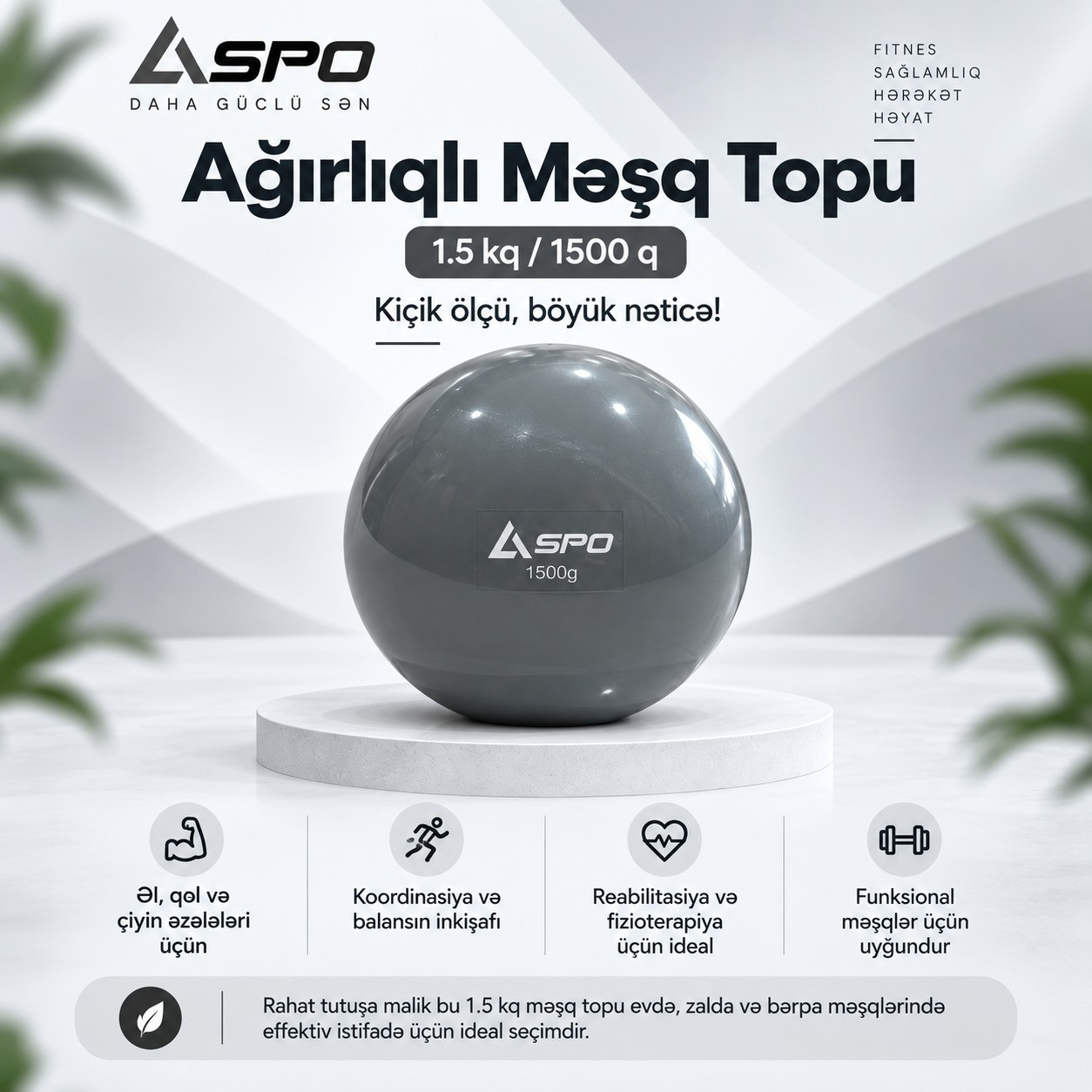 Fitnes topu Aspo, 12 sm, boz, 1.5 kq
