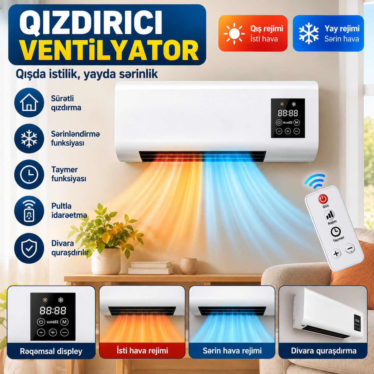 Keramik qızdırıcı ventilyator 1200 W 20 m² ağ
