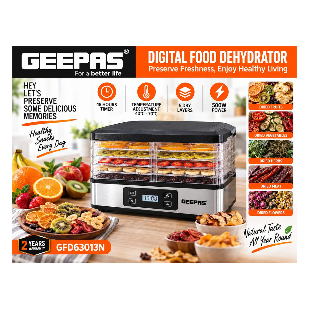 Meyvə və tərəvəz qurudan Geepas GFD63013N, 500 Vt, gümüşü/şəffaf