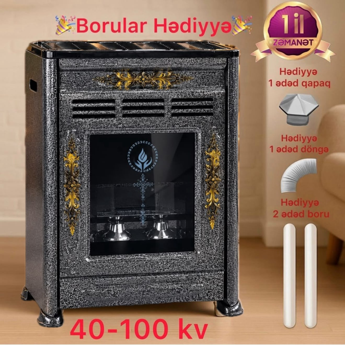Qaz kamin 100 m² qara