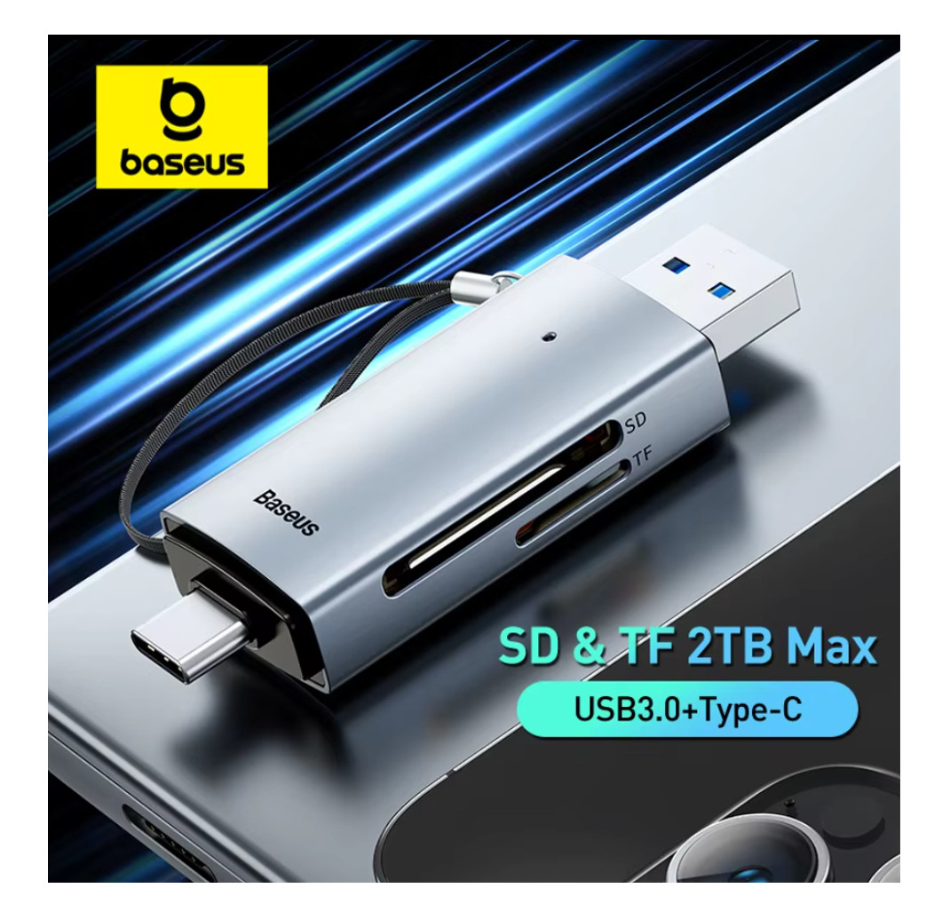 Kart oxuyucusu Baseus Card Reader 2in1, USB-C, USB-A 3.0, CF, microSD, 104 Mb/s, boz