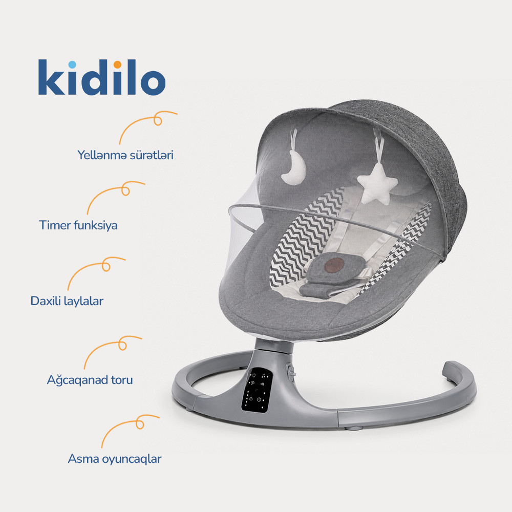 Yelləncək-şezlonq körpələr üçün Kidilo AB04, 0-12 ay, 12 kq qədər (1 yaşa qədər), boz
