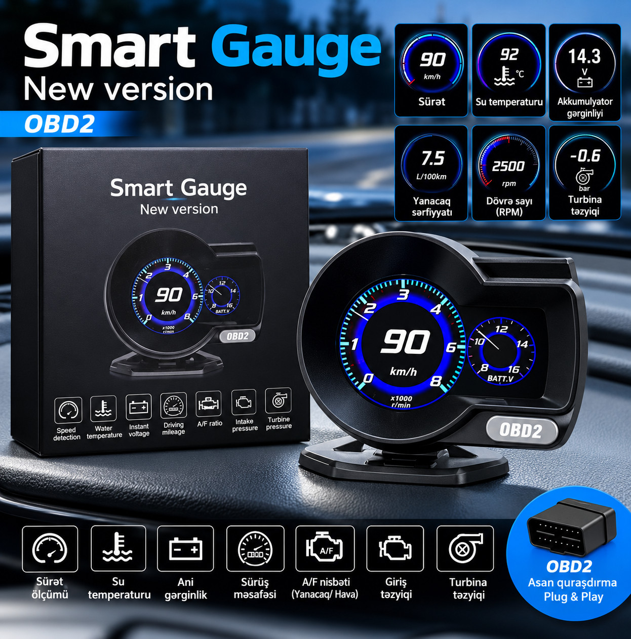 Displey Smart Gauge OBD2 , OBD, 12 Vt