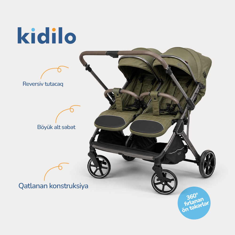 Uşaq arabası Kidilo T33, ikili, yenidoğulanlar üçün, yaşıl