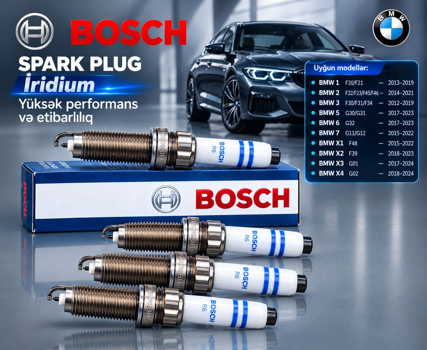 Alışma şamı Bosch benzin BMW F30 2012–2019/BMW 5 G30/G31 2017–2023 üçün 4 əd