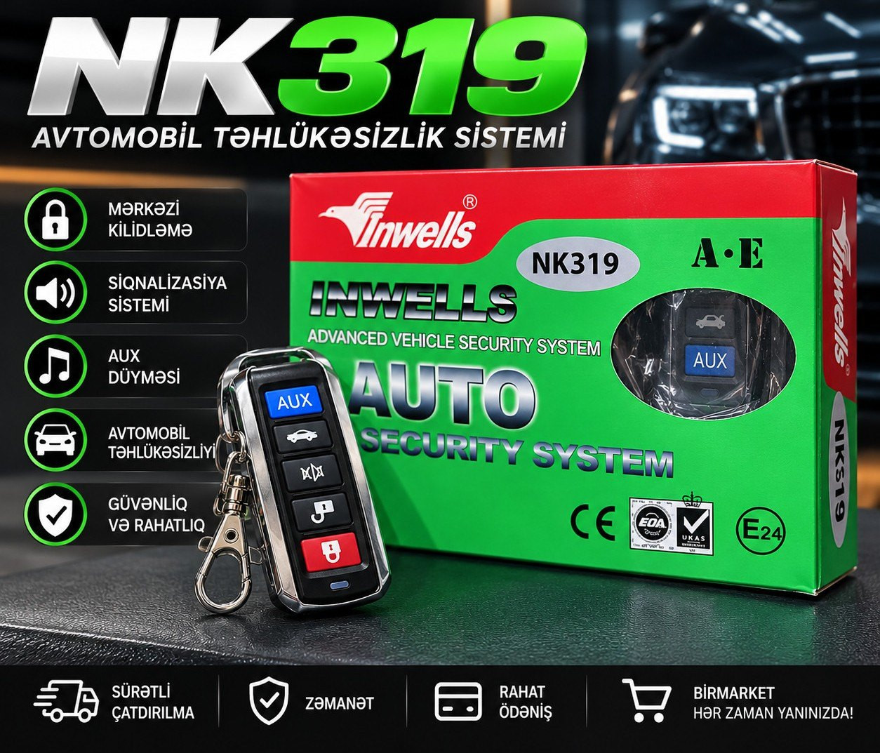 Avtomobil siqnalizasiyası Inwells NK319 100 m RF 433 MHz